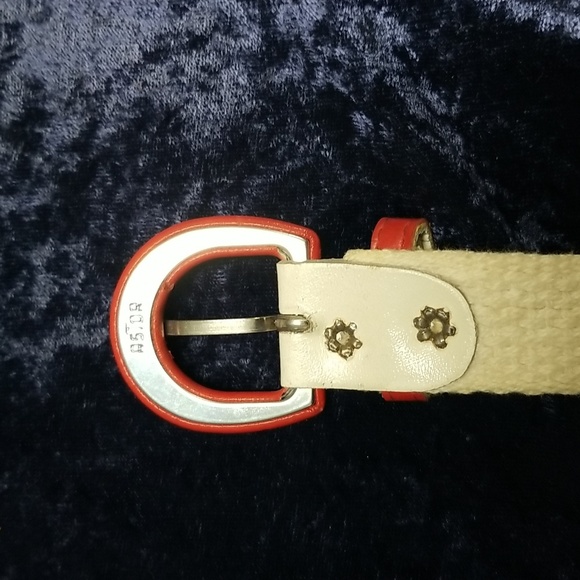 Vintage Astor Cloth Belt Cream with Red Leather Buckle 36" - Picture 3 of 13